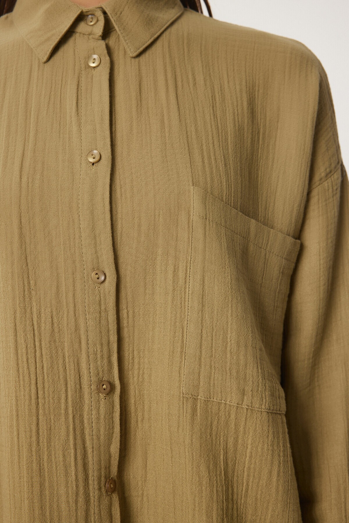 Oversize Basic Müslin Gömlek YAĞ YEŞİLİ LMX0002