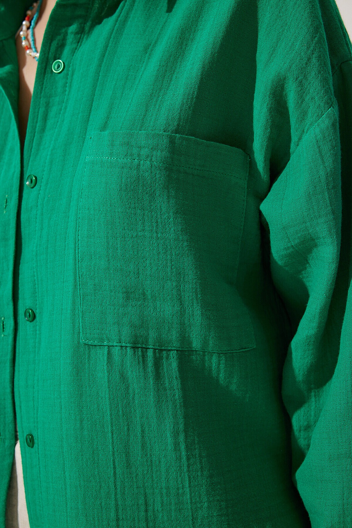 Oversize Basic Müslin Gömlek YEŞİL LMX0002