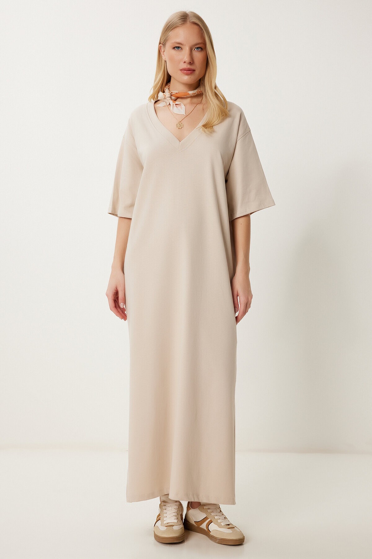 Oversize Basic Yazlık Esnek Örme Elbise BEJ LUB0113