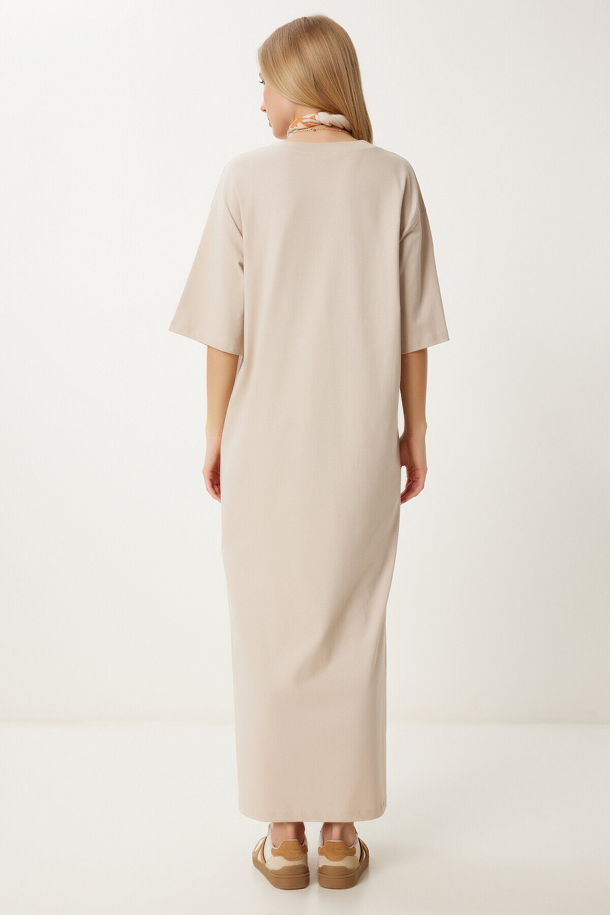 Oversize Basic Yazlık Esnek Örme Elbise BEJ LUB0113
