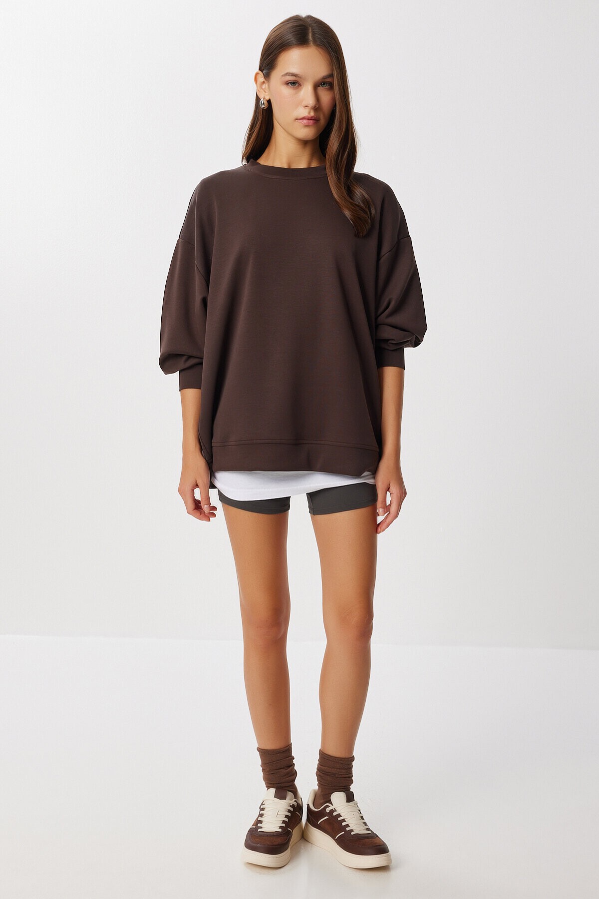 Oversize Basic Yumuşak Modal Sweatshirt KAHVERENGİ LUB0249