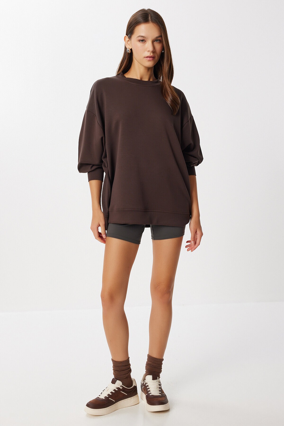 Oversize Basic Yumuşak Modal Sweatshirt KAHVERENGİ LUB0249