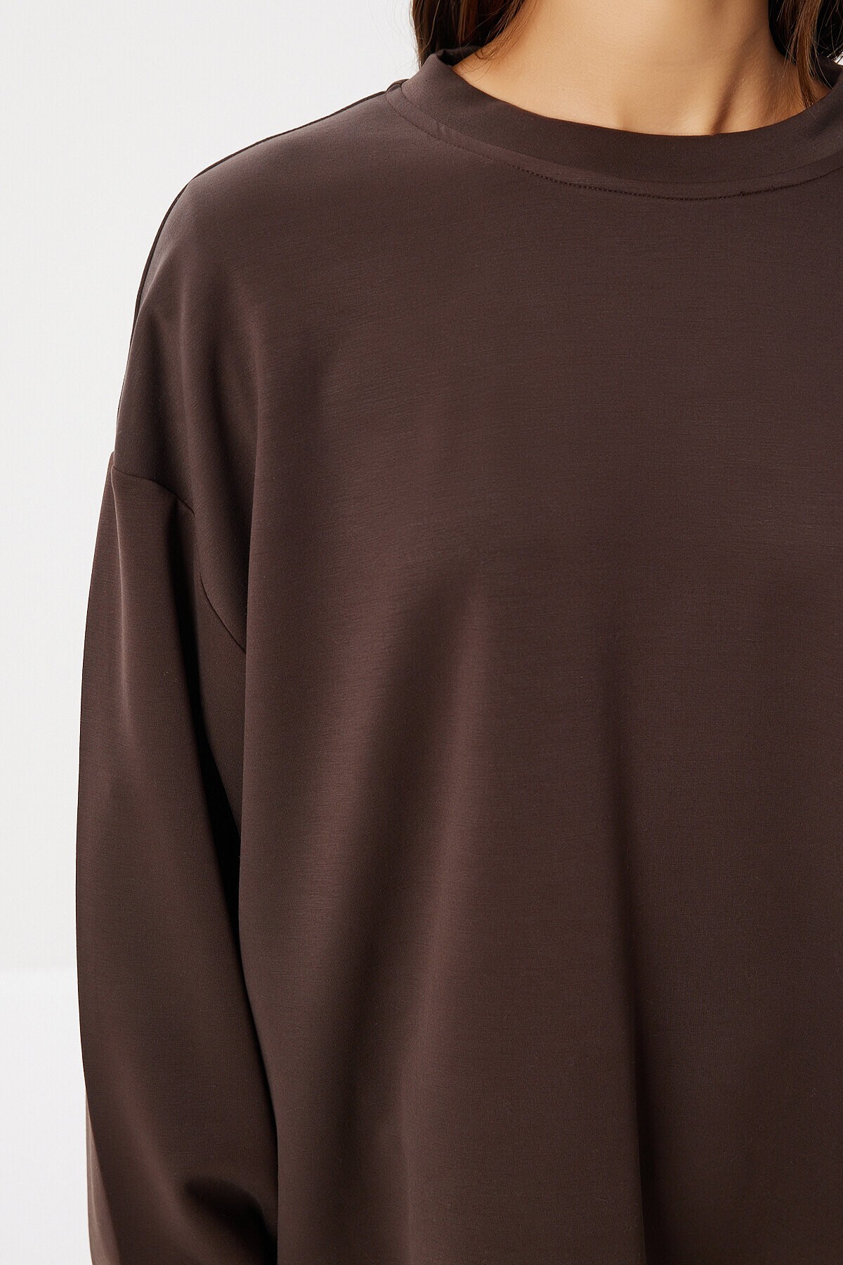 Oversize Basic Yumuşak Modal Sweatshirt KAHVERENGİ LUB0249
