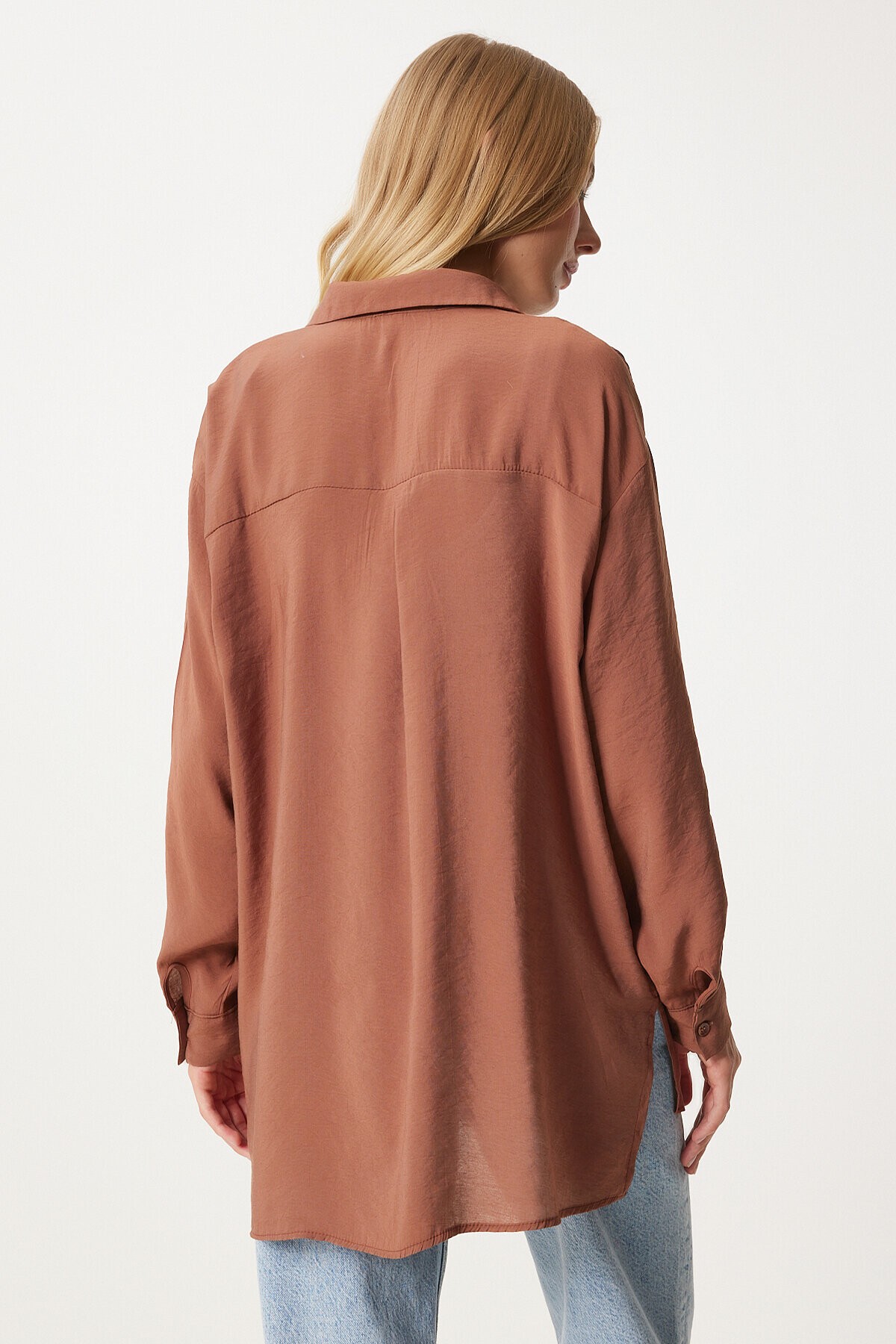 Oversize Uzun Keten Ayrobin Gömlek KAHVERENGİ LTO0015