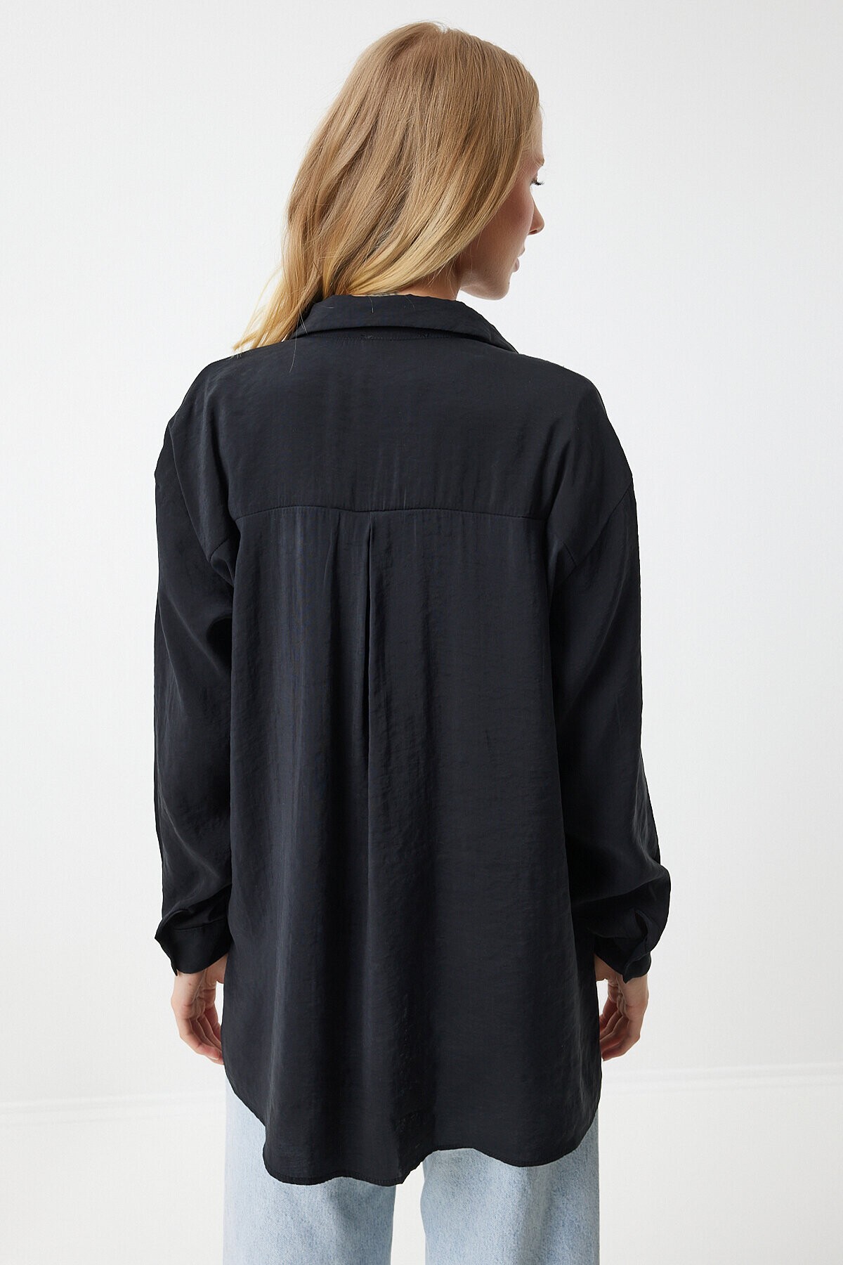 Oversize Uzun Keten Ayrobin Gömlek SİYAH LTO0015