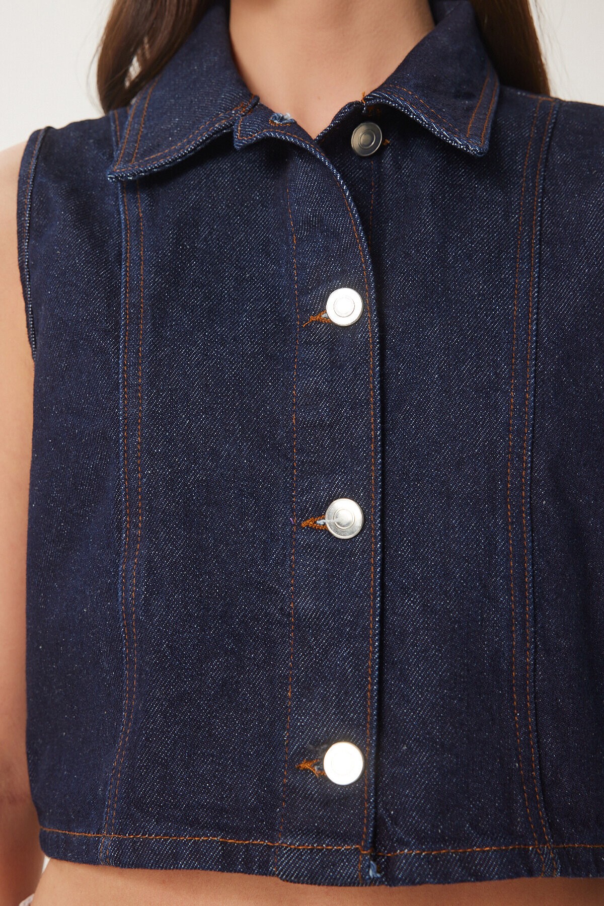 Polo Yaka Crop Denim Yelek KOYU MAVİ LUS0107