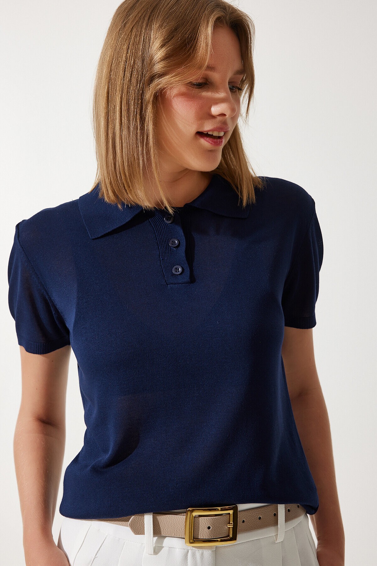 Polo Yaka Hafif Transparan Yazlık Triko Bluz LACİVERT LYY0065