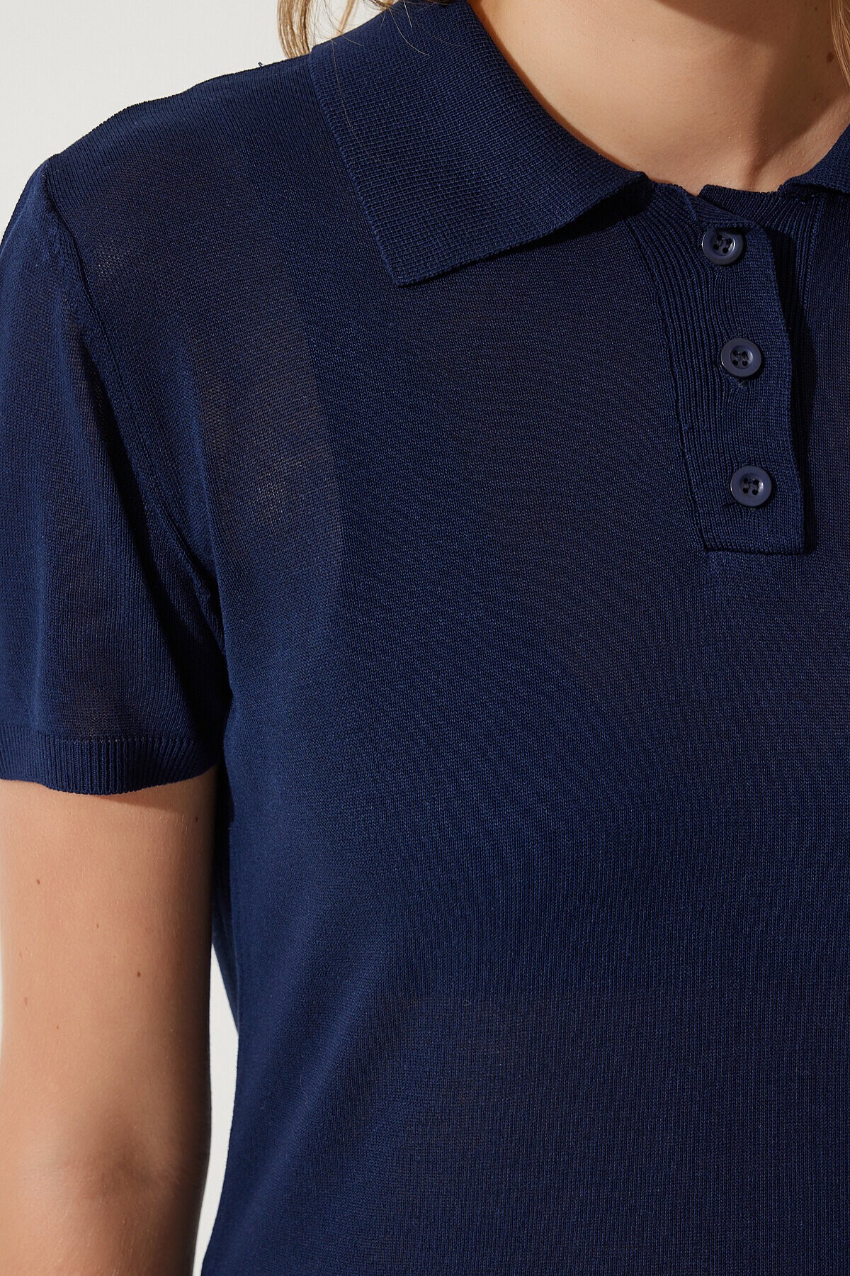 Polo Yaka Hafif Transparan Yazlık Triko Bluz LACİVERT LYY0065