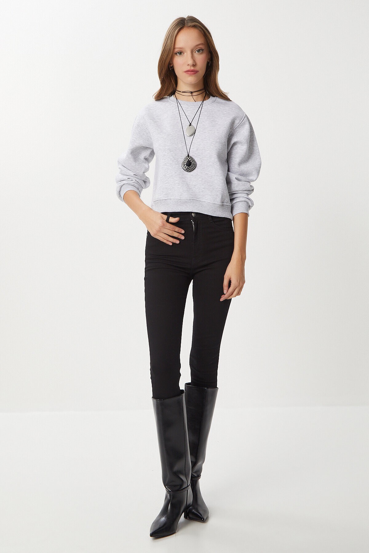 Şardonlu Crop Sweatshirt GRİ MELANJ LUB0043