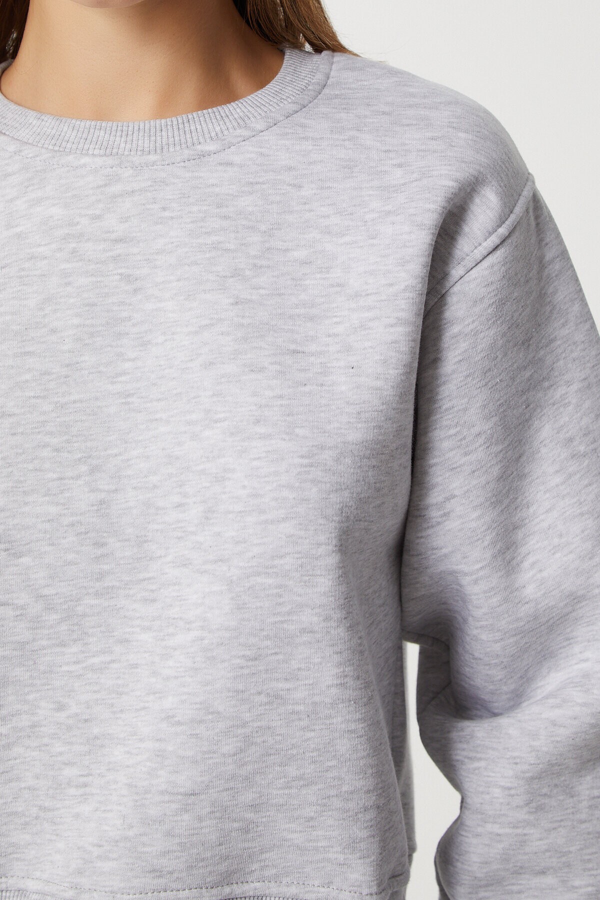 Şardonlu Crop Sweatshirt GRİ MELANJ LUB0043