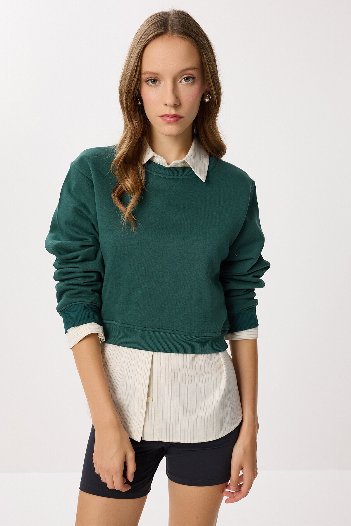 Şardonlu Crop Sweatshirt ZÜMRÜT YEŞİLİ LUB0043