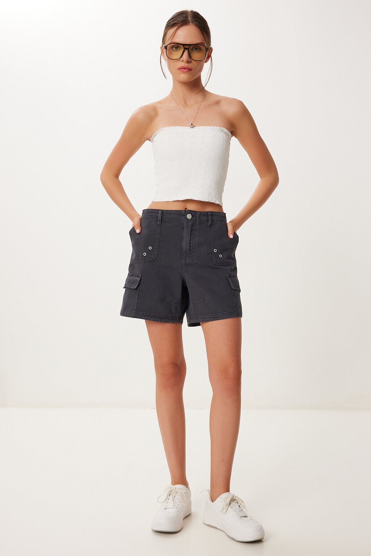 Soluk Efektli Cepli Denim Şort ANTRASİT LUT0018