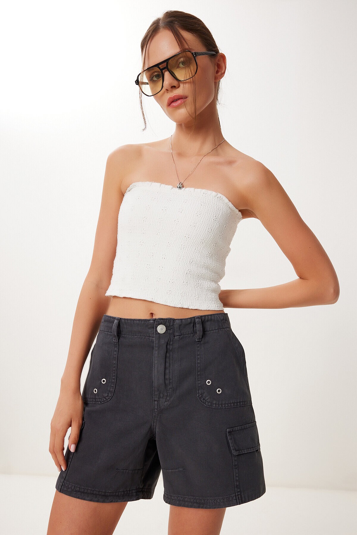 Soluk Efektli Cepli Denim Şort ANTRASİT LUT0018