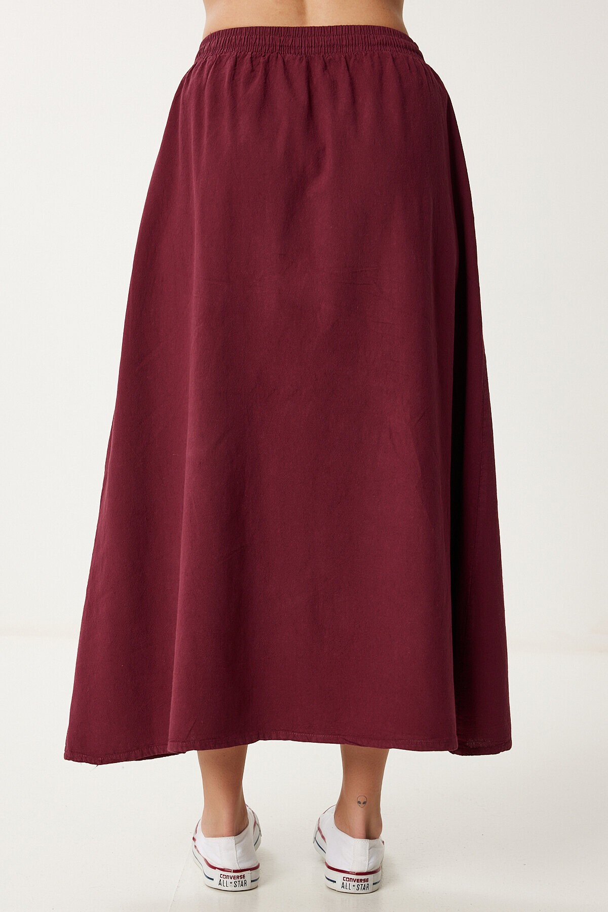 Soluk Efektli Kloş Denim Etek BORDO LMX0074