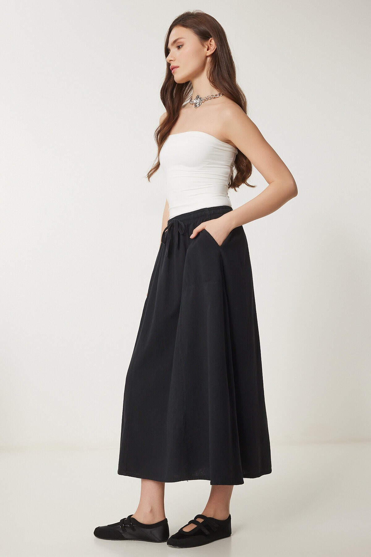 Soluk Efektli Kloş Denim Etek SİYAH LMX0074
