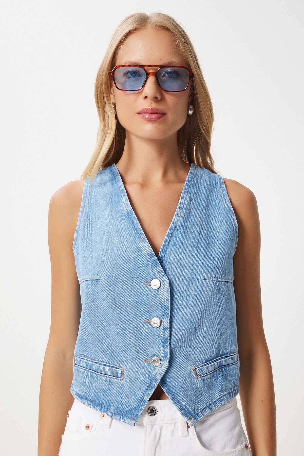 V Yaka Crop Denim Yelek AÇIK MAVİ LYL0002