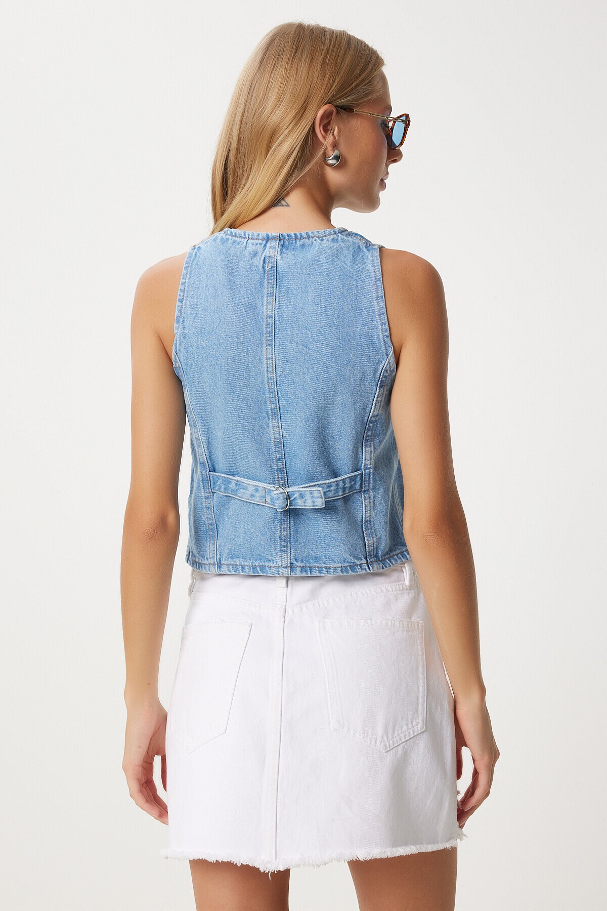 V Yaka Crop Denim Yelek AÇIK MAVİ LYL0002