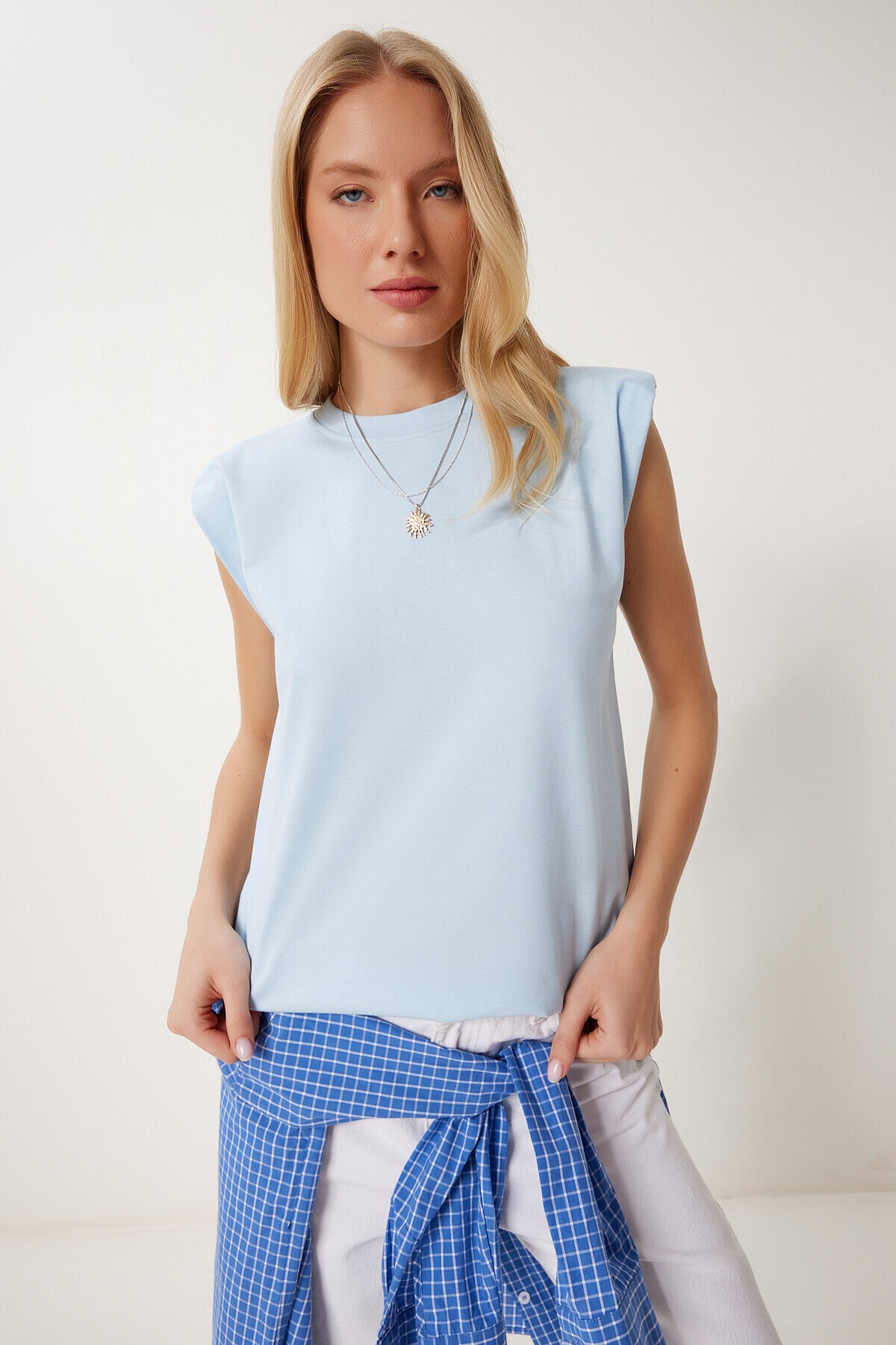 Vatkalı Pamuklu Örme T-shirt GÖK MAVİ LUB0109