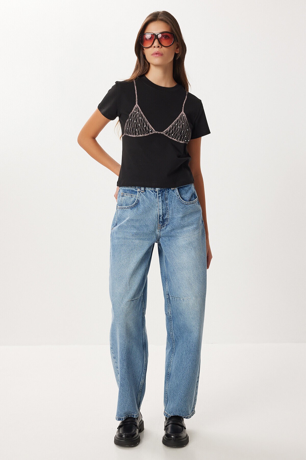 Yüksek Bel Balon Baggy Jean P0112 ORTA MAVİ LRI0018