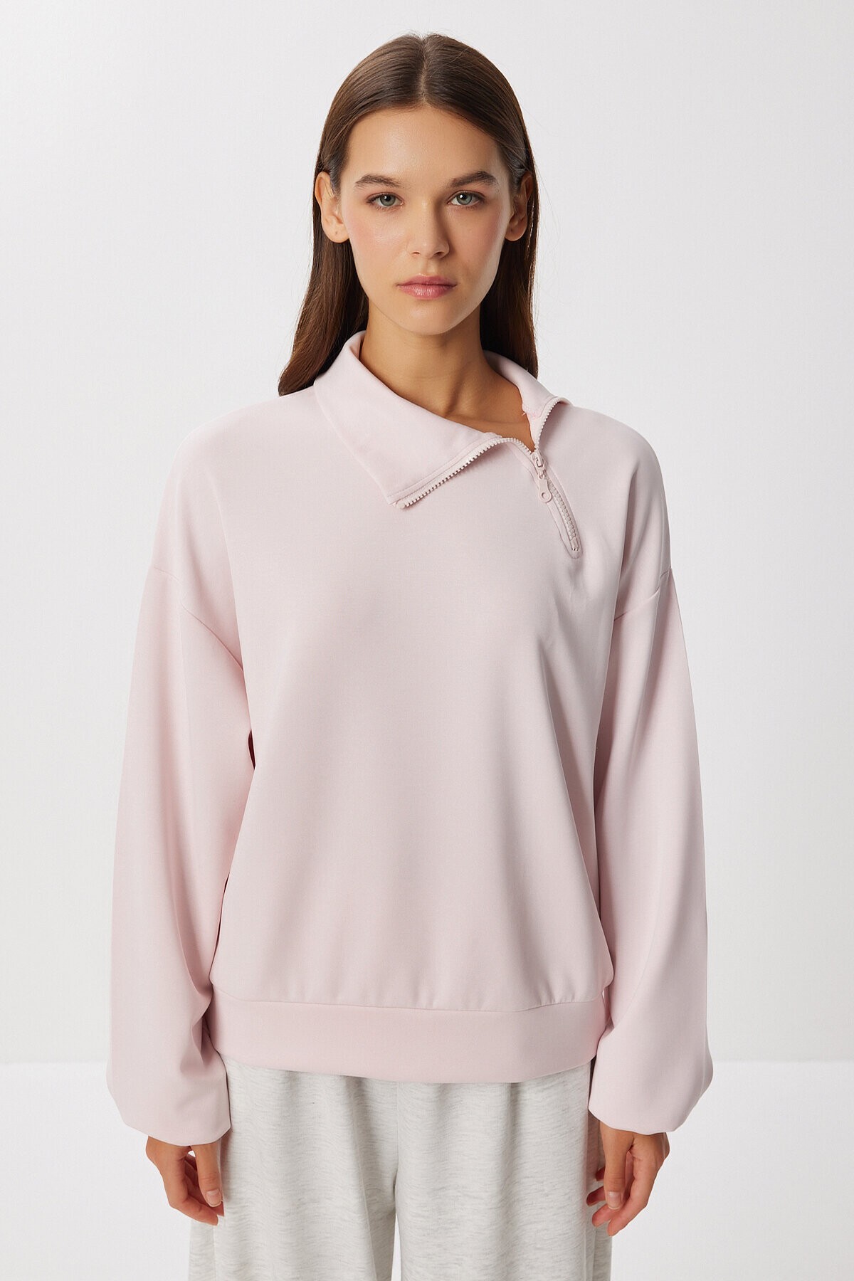 Yumuşak Dokulu Yan Fermuarlı Modal Sweatshirt ŞEKER PEMBE LUB0250