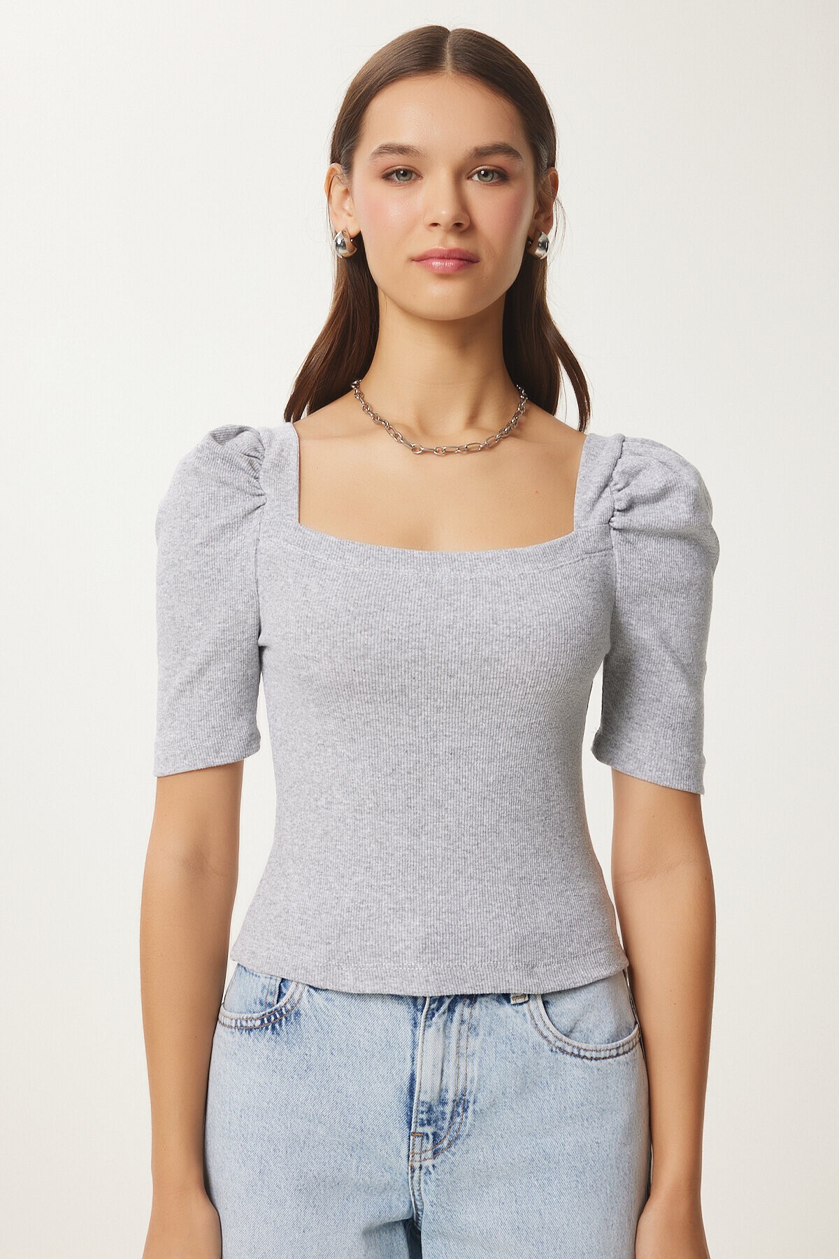 2li Paket Kare Yaka Fitilli Crop Bluz GRİ MELANJ GÖK MAVİ LGT0028