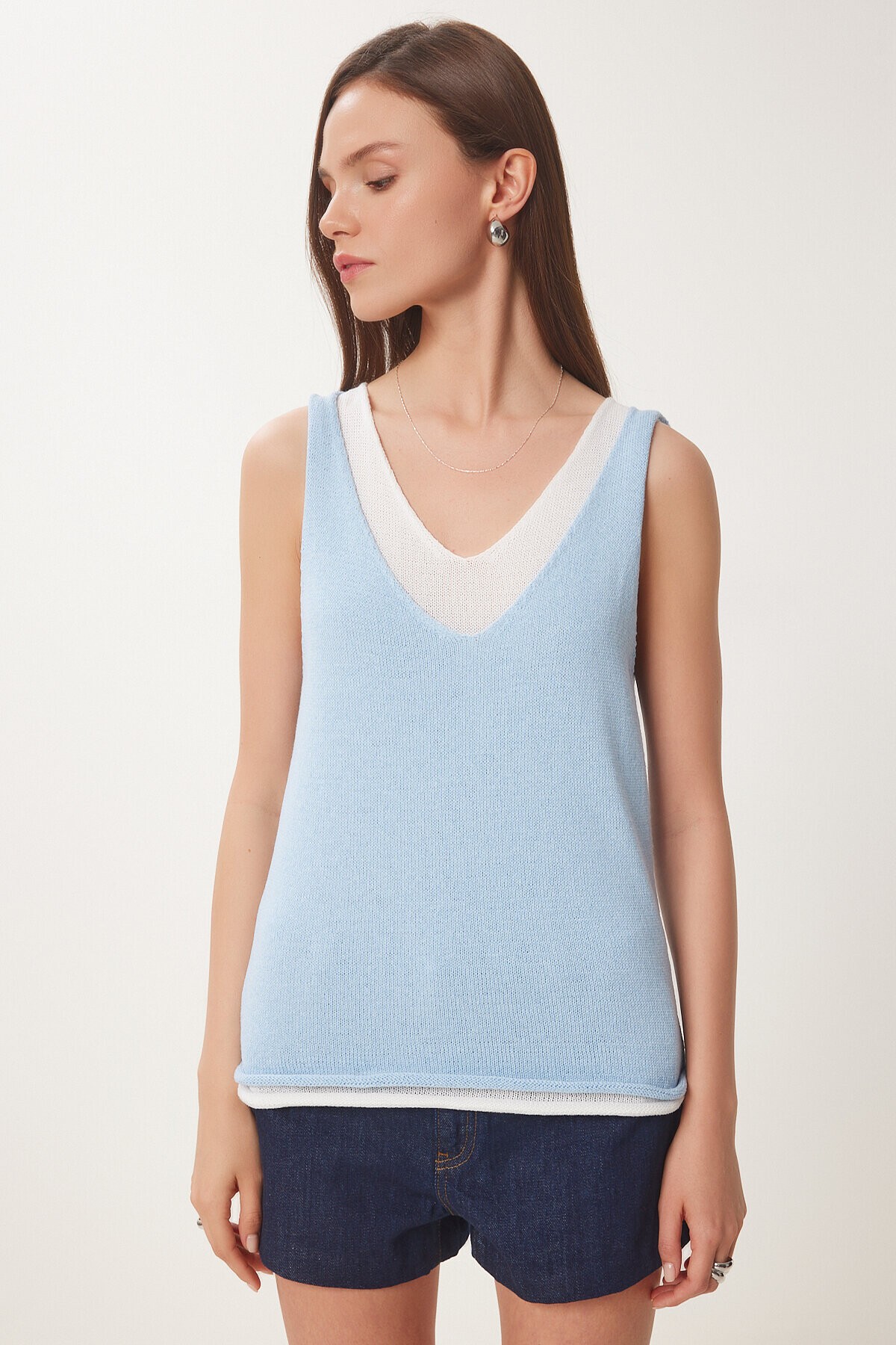 Atletli İkili Basic Triko Bluz GÖK MAVİ KEMİK LKİ0030