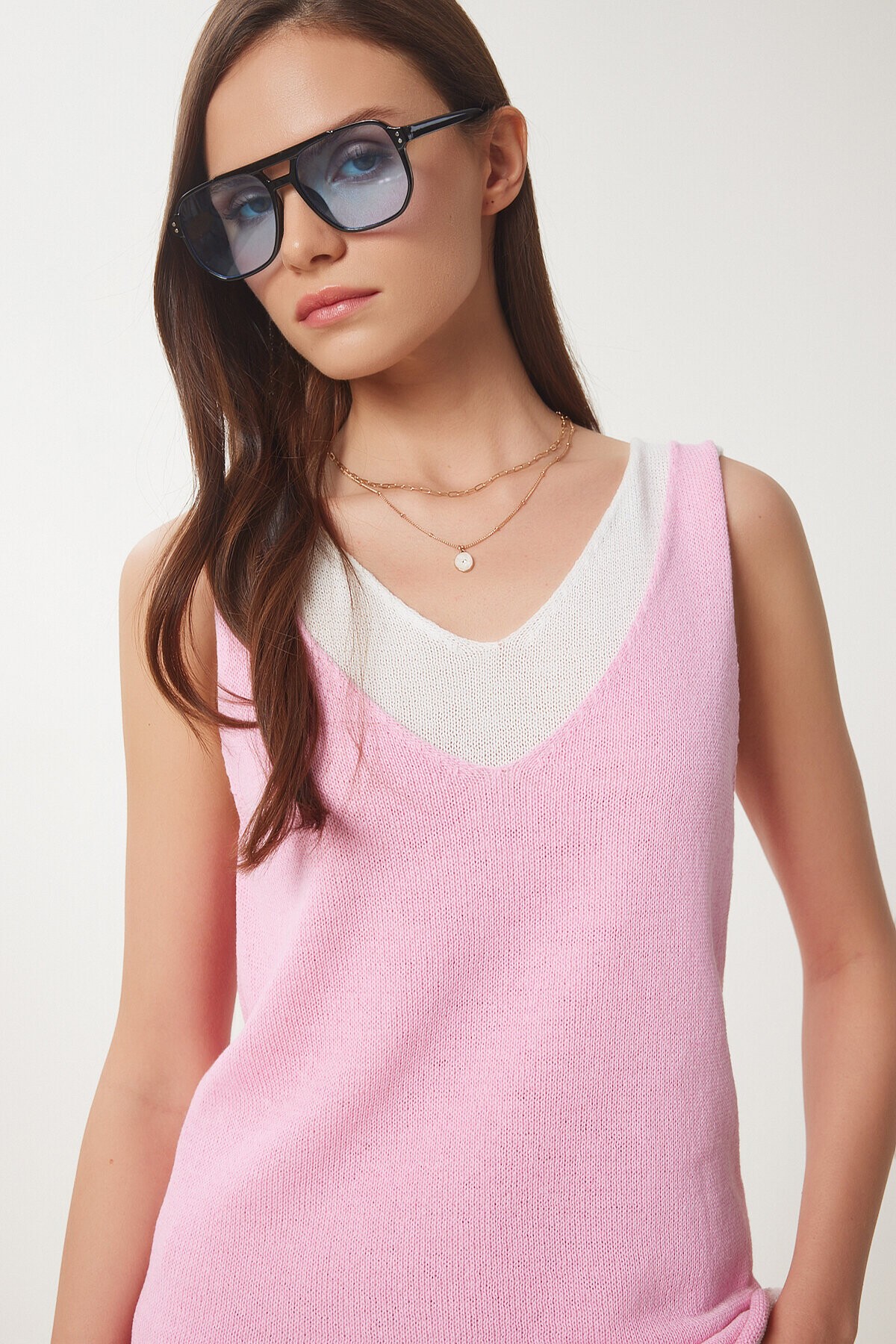 Atletli İkili Basic Triko Bluz PEMBE KEMİK LKİ0030