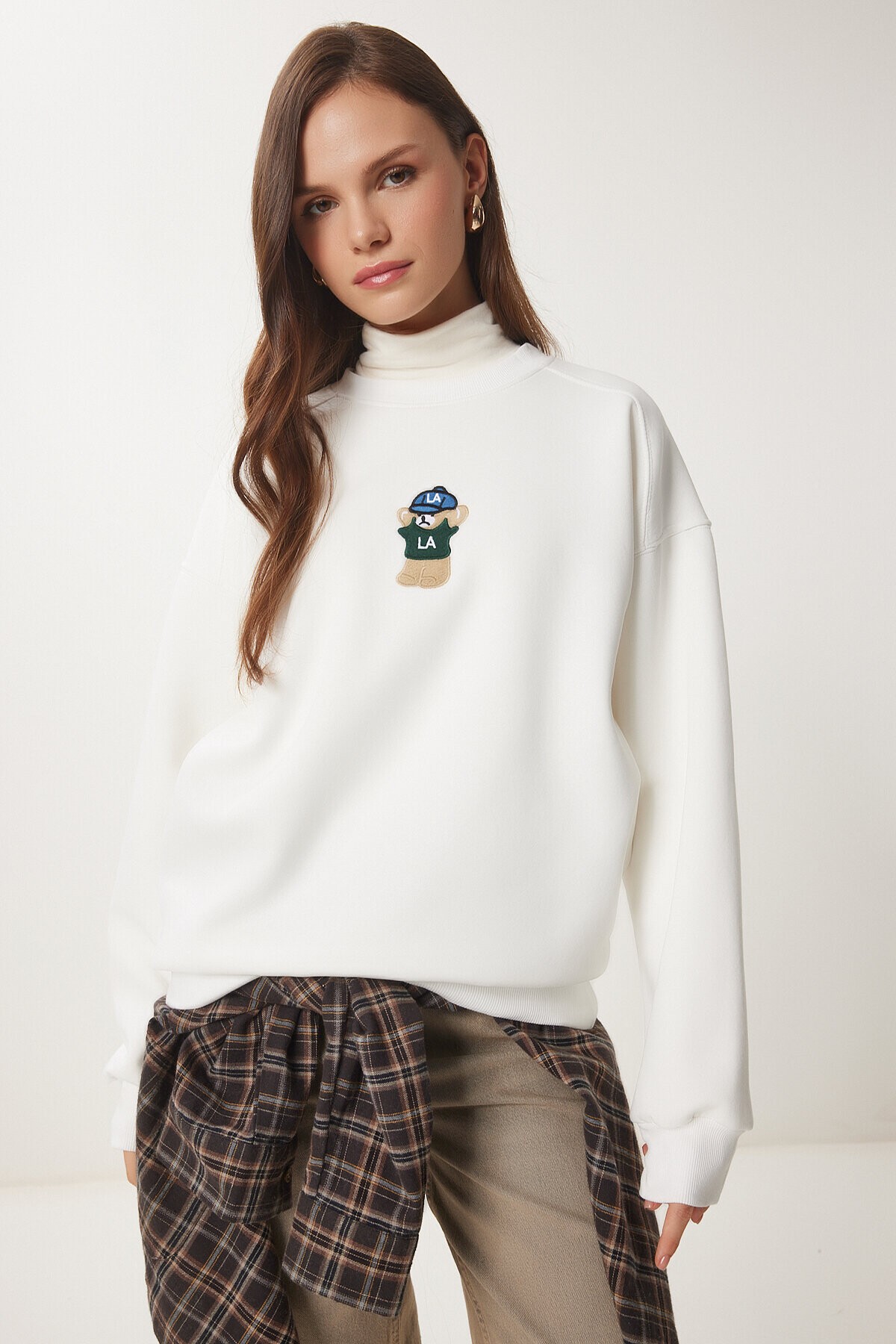 Ayıcık Armalı Şardonlu Örme Sweatshirt EKRU LTQ0001