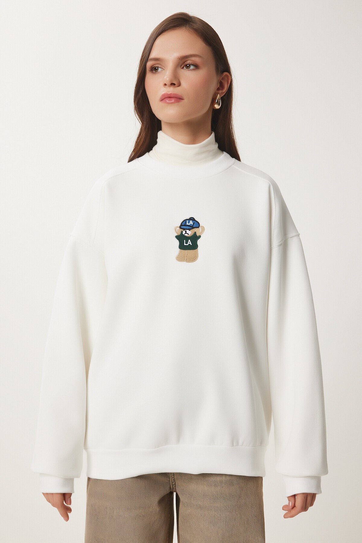 Ayıcık Armalı Şardonlu Örme Sweatshirt EKRU LTQ0001