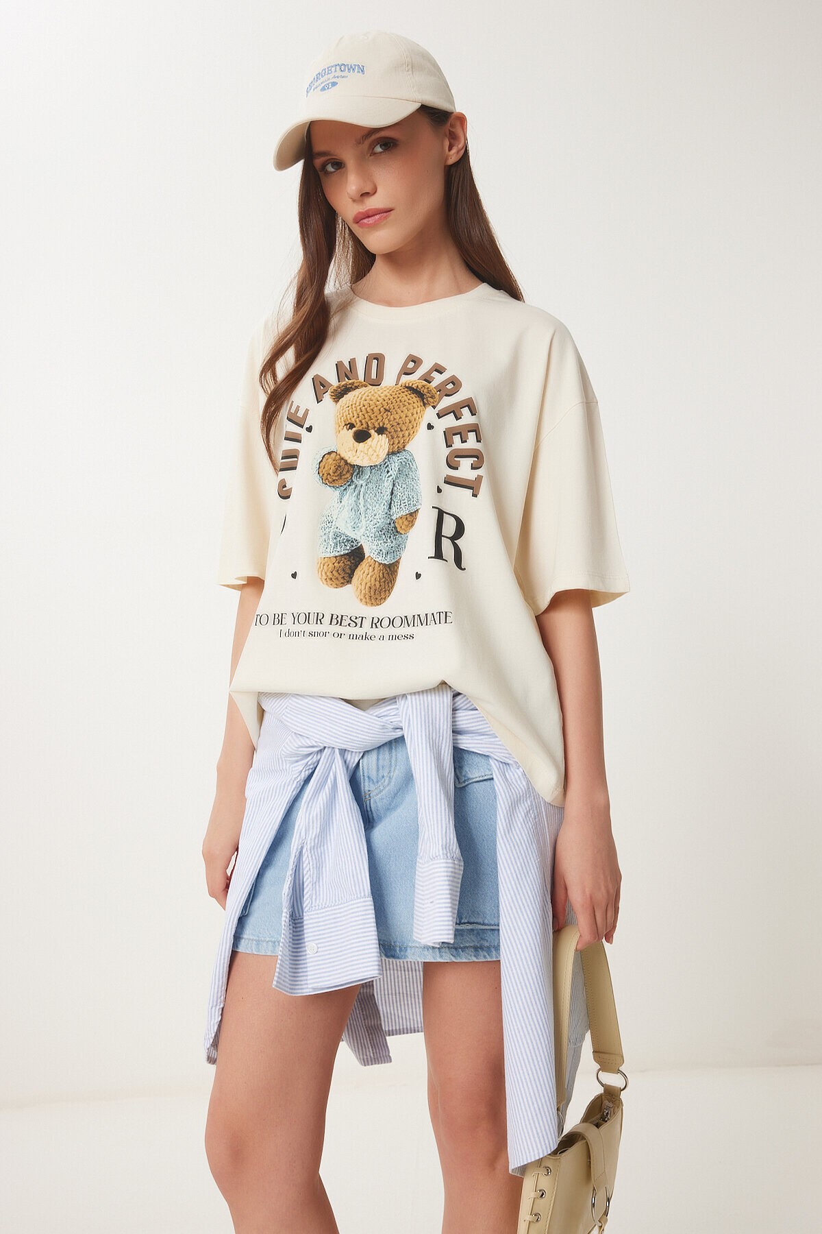Ayıcık Baskılı Pamuklu Örme T-shirt KREM LUS0125