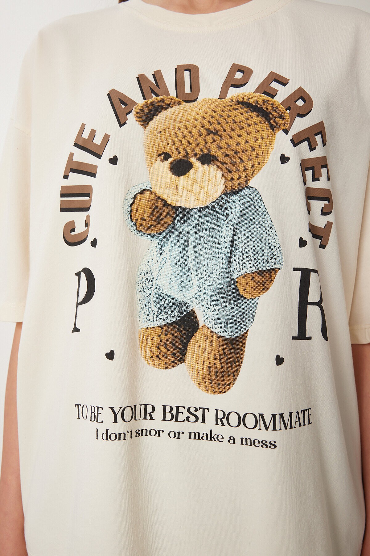 Ayıcık Baskılı Pamuklu Örme T-shirt KREM LUS0125