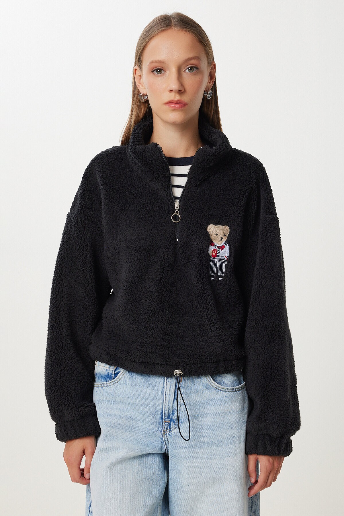 Ayıcık İşlemeli Fermuarlı Peluş Sweatshirt SİYAH LZH0014