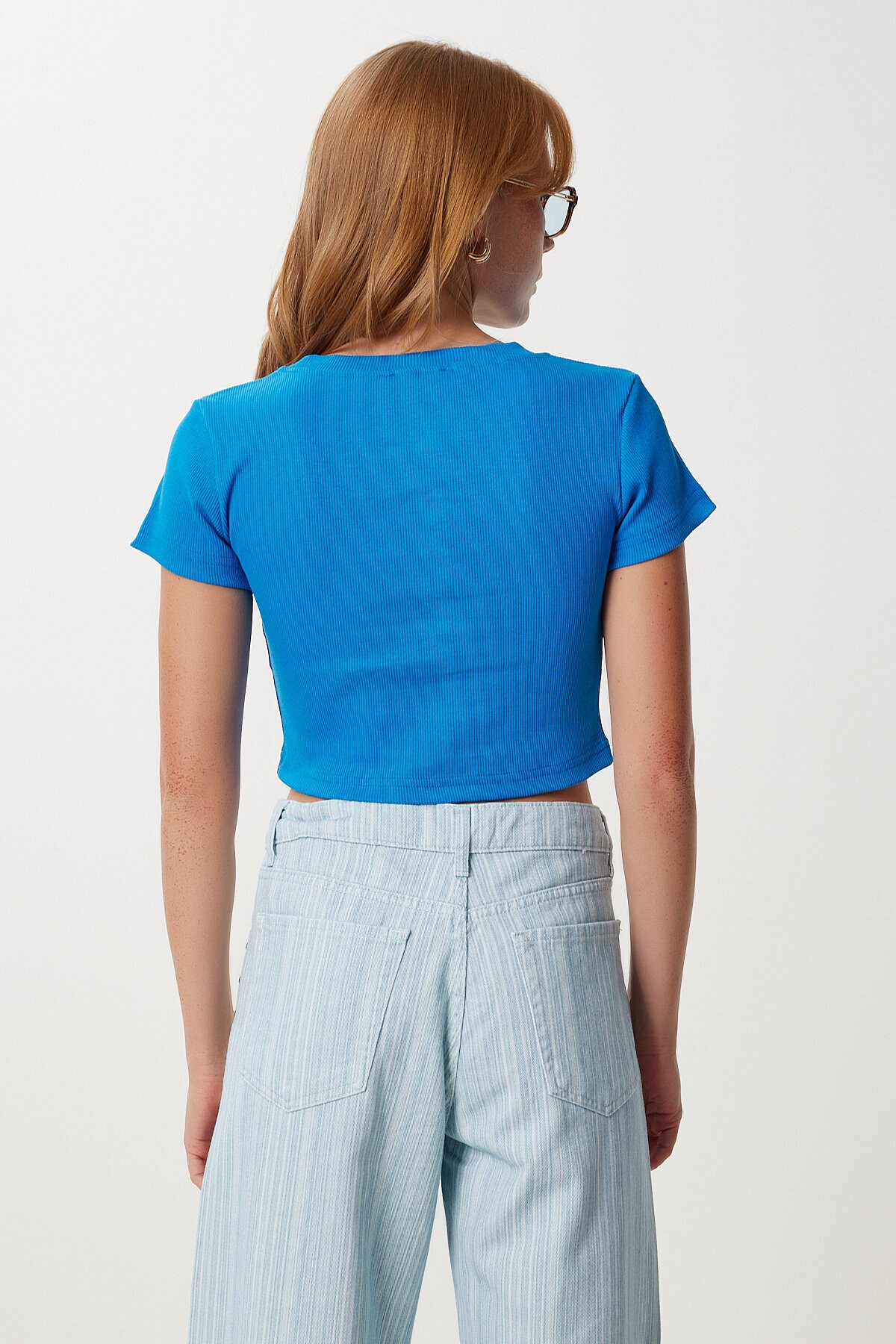 Ayıcık Nakışlı Fitilli Örme Crop T-shirt KOYU MAVİ LZH0015