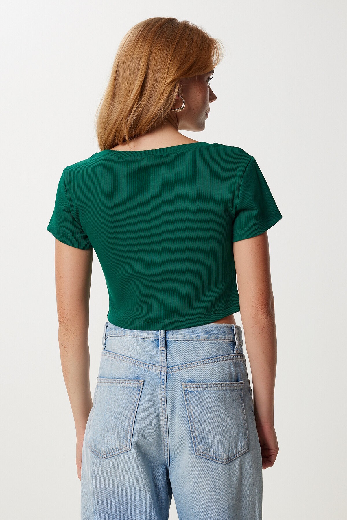 Ayıcık Nakışlı Fitilli Örme Crop T-shirt ZÜMRÜT YEŞİLİ LZH0015