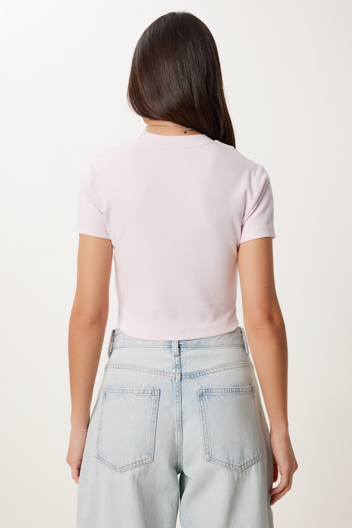 Basic Crop Esnek Örme T-shirt ŞEKER PEMBE LUS0160