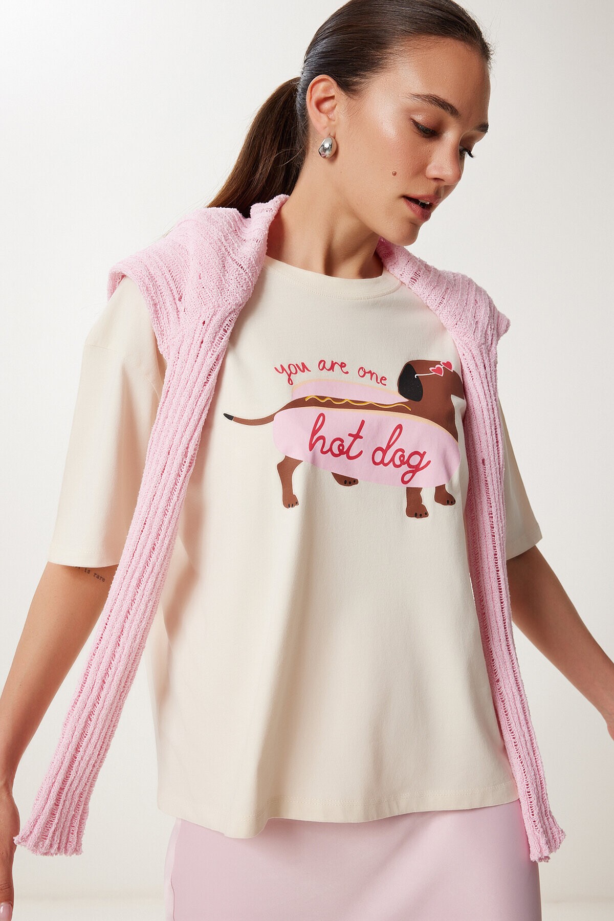 Baskılı Pamuklu Örme T-shirt KREM LUS0142