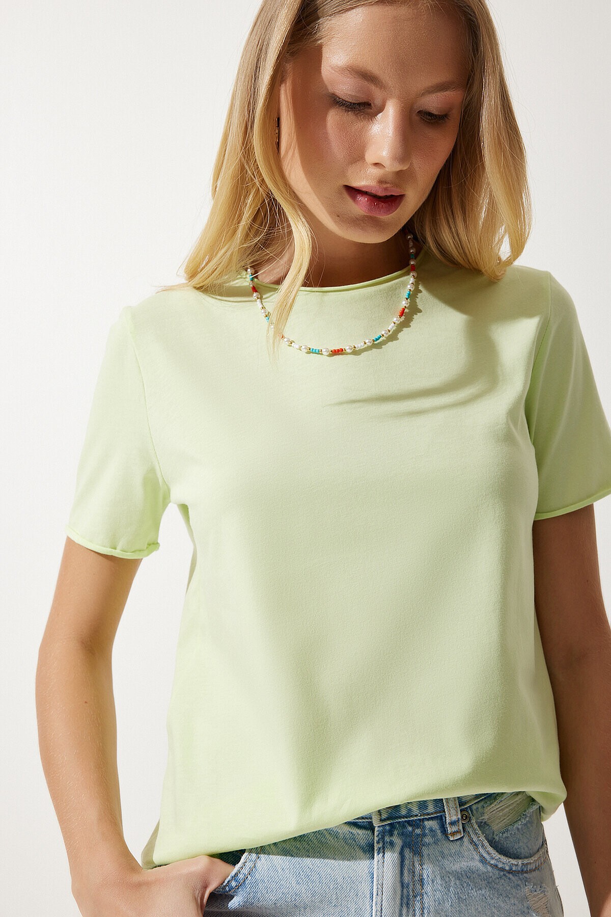 Bisiklet Yaka Basic Örme T-shirt AÇIK YEŞİL LUB0021