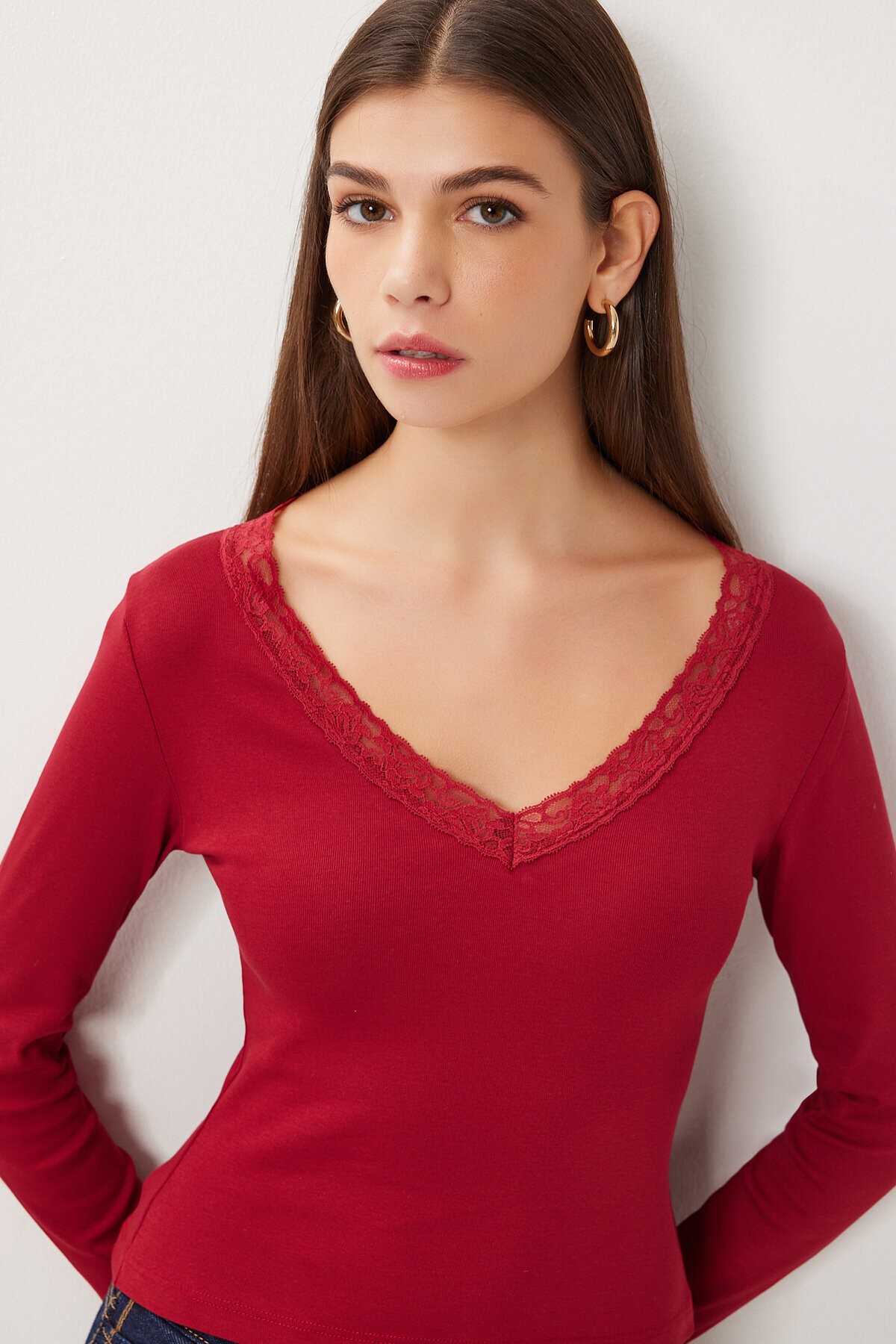Dantel Detaylı Örme Bluz BORDO LUB0312