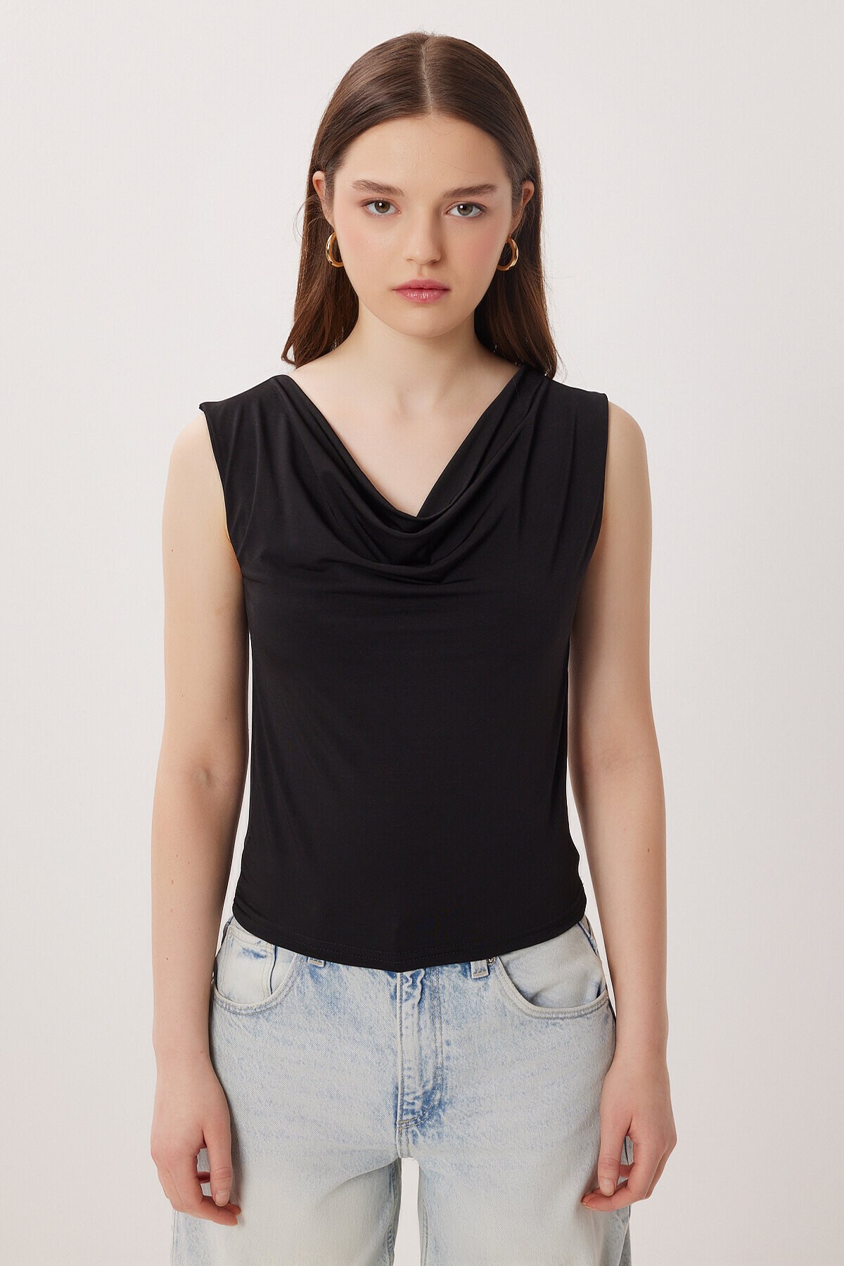 Degaje Yaka Sandy Örme Bluz SİYAH LRN0033