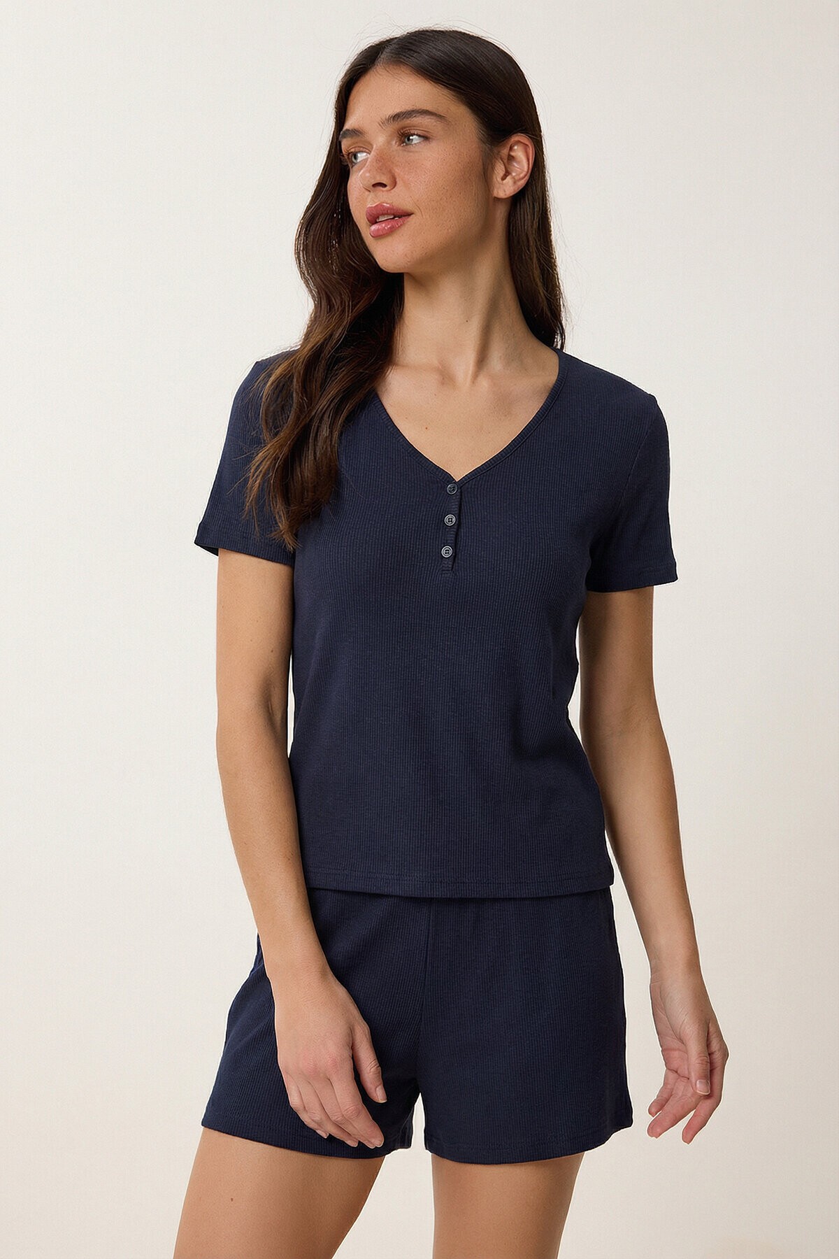 Düğme Detaylı Fitilli Örme Pijama Takımı LACİVERT LRN0031