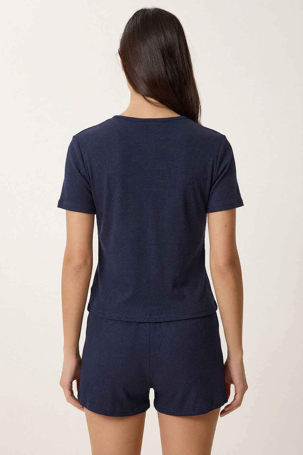 Düğme Detaylı Fitilli Örme Pijama Takımı LACİVERT LRN0031
