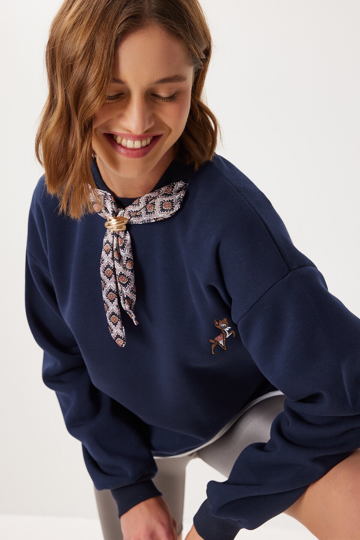 Fular Detaylı Şardonlu Örme Sweatshirt LACİVERT LPX0005