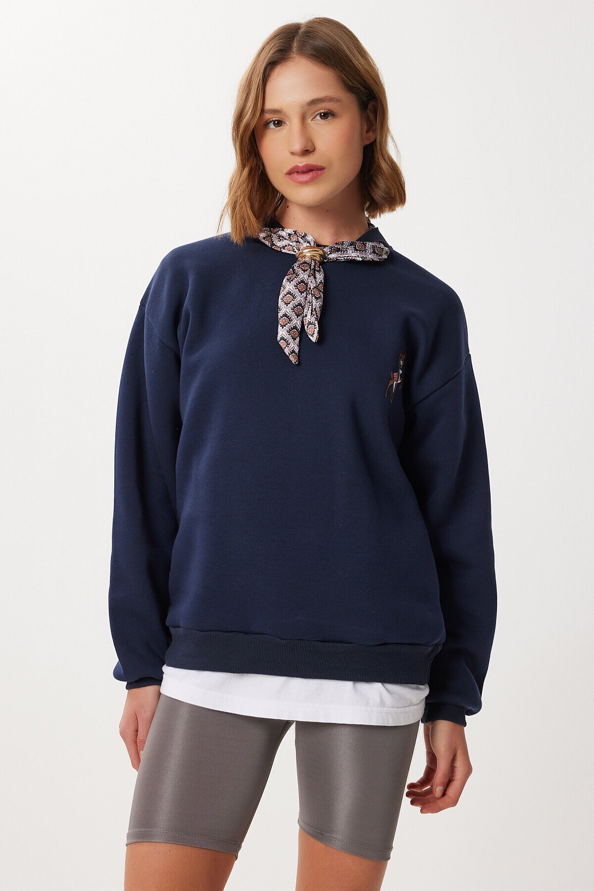 Fular Detaylı Şardonlu Örme Sweatshirt LACİVERT LPX0005