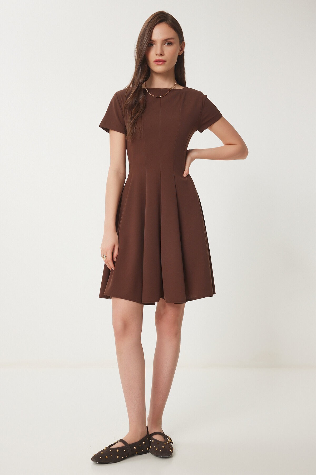Godeli Mini Dokuma Elbise KAHVERENGİ LUB0084