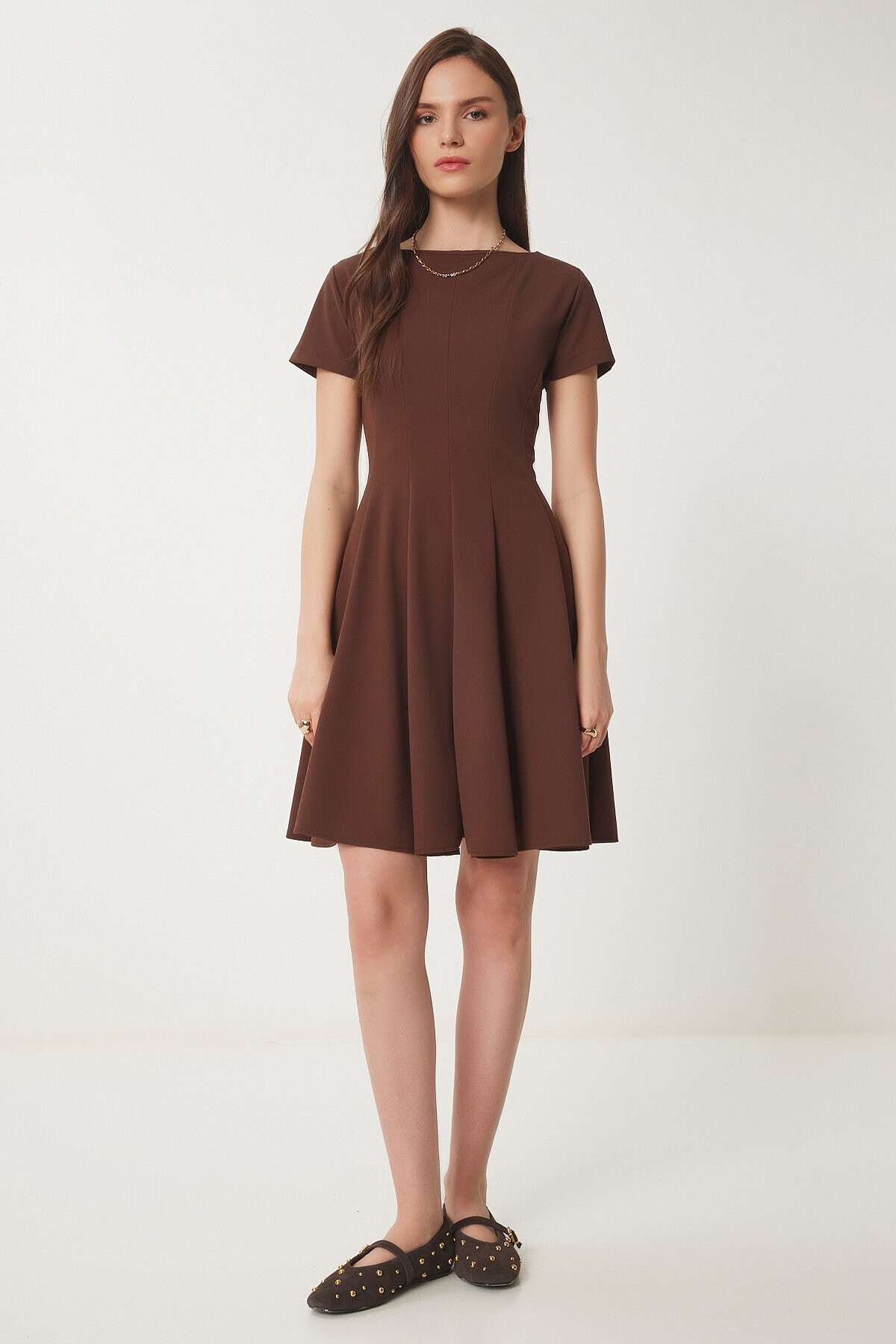 Godeli Mini Dokuma Elbise KAHVERENGİ LUB0084