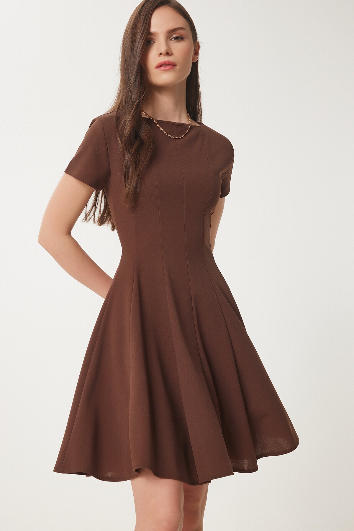 Godeli Mini Dokuma Elbise KAHVERENGİ LUB0084