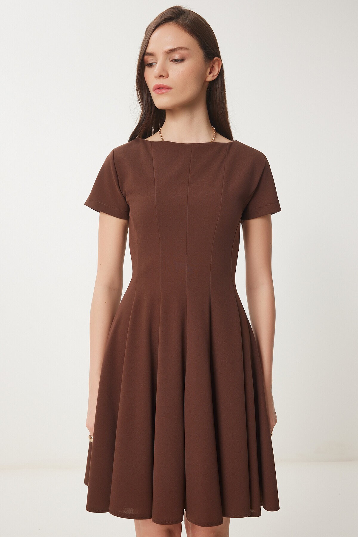 Godeli Mini Dokuma Elbise KAHVERENGİ LUB0084