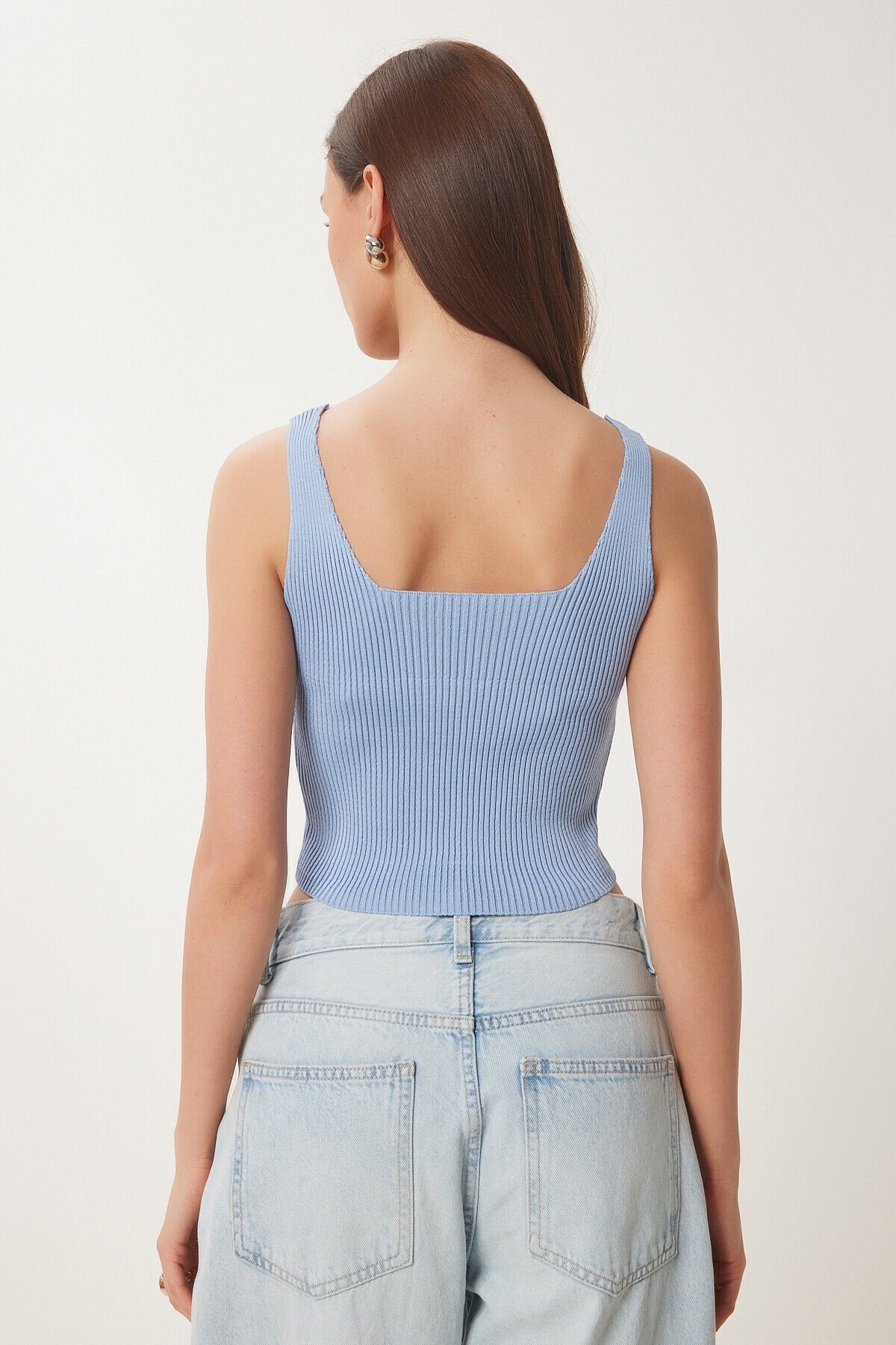 Gold Aksesuarlı Crop Fitilli Triko Bluz GÖK MAVİ LKİ0028