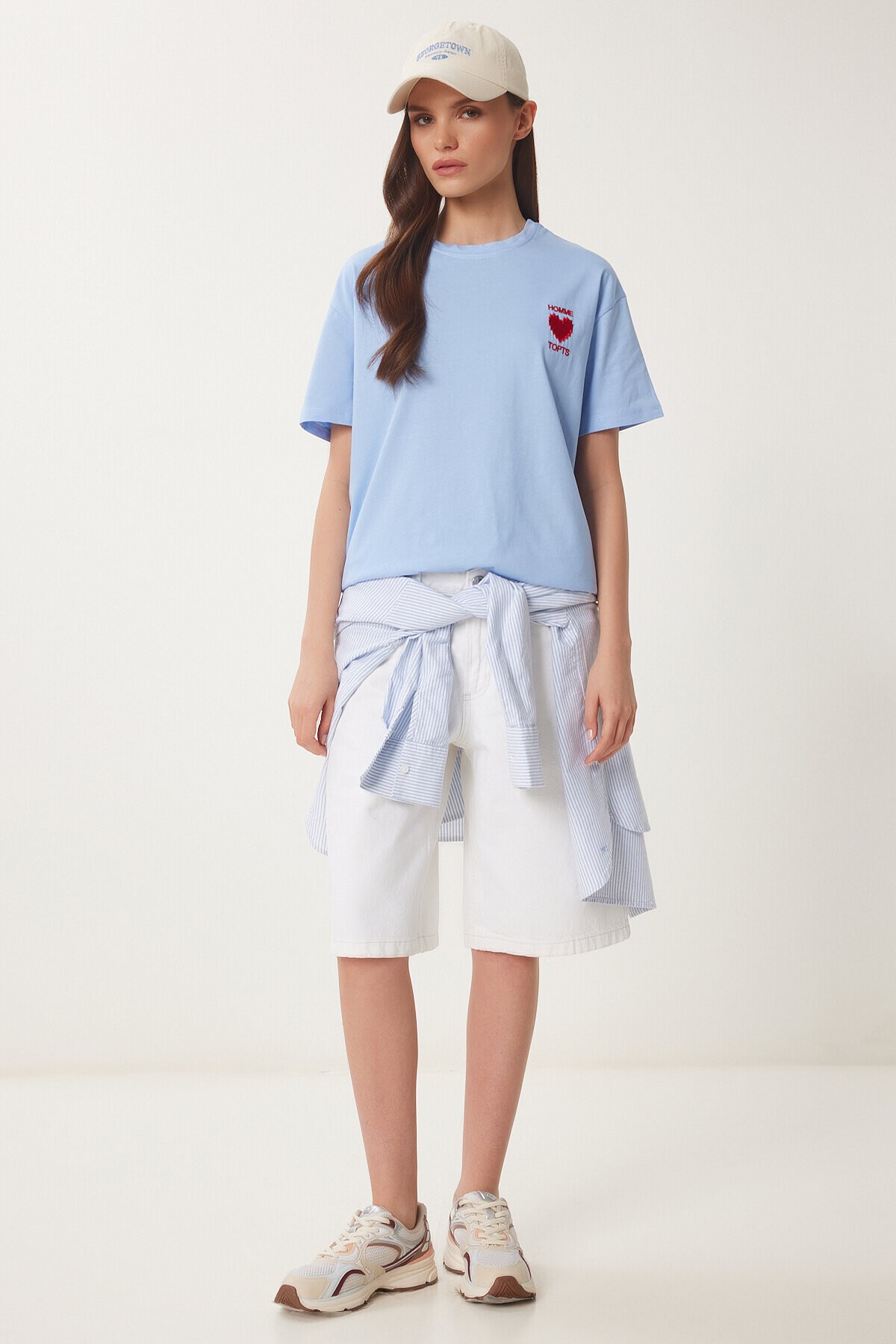 Kalp Nakışlı Pamuklu Örme T-shirt MAVİ LMP0007