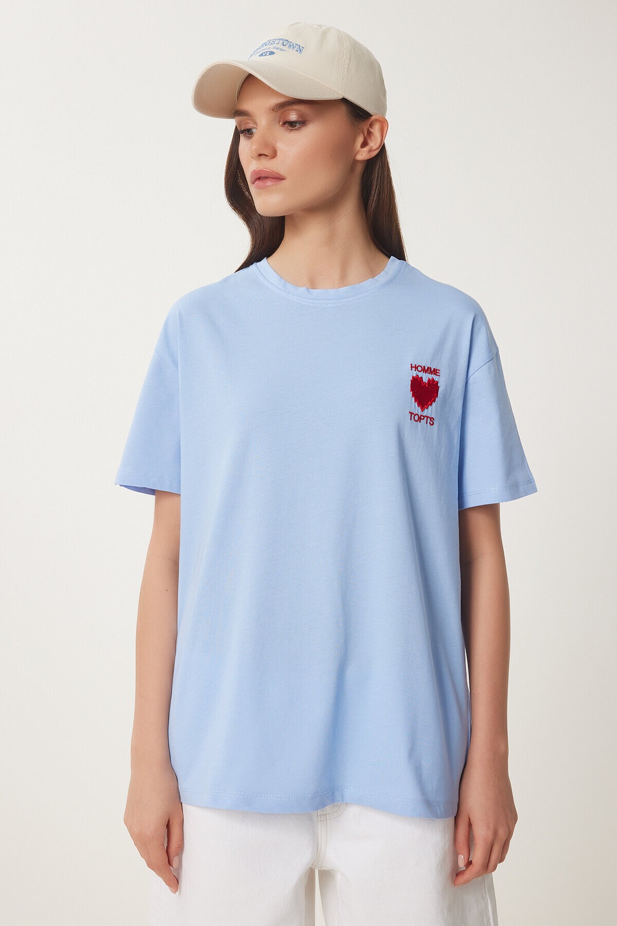 Kalp Nakışlı Pamuklu Örme T-shirt MAVİ LMP0007